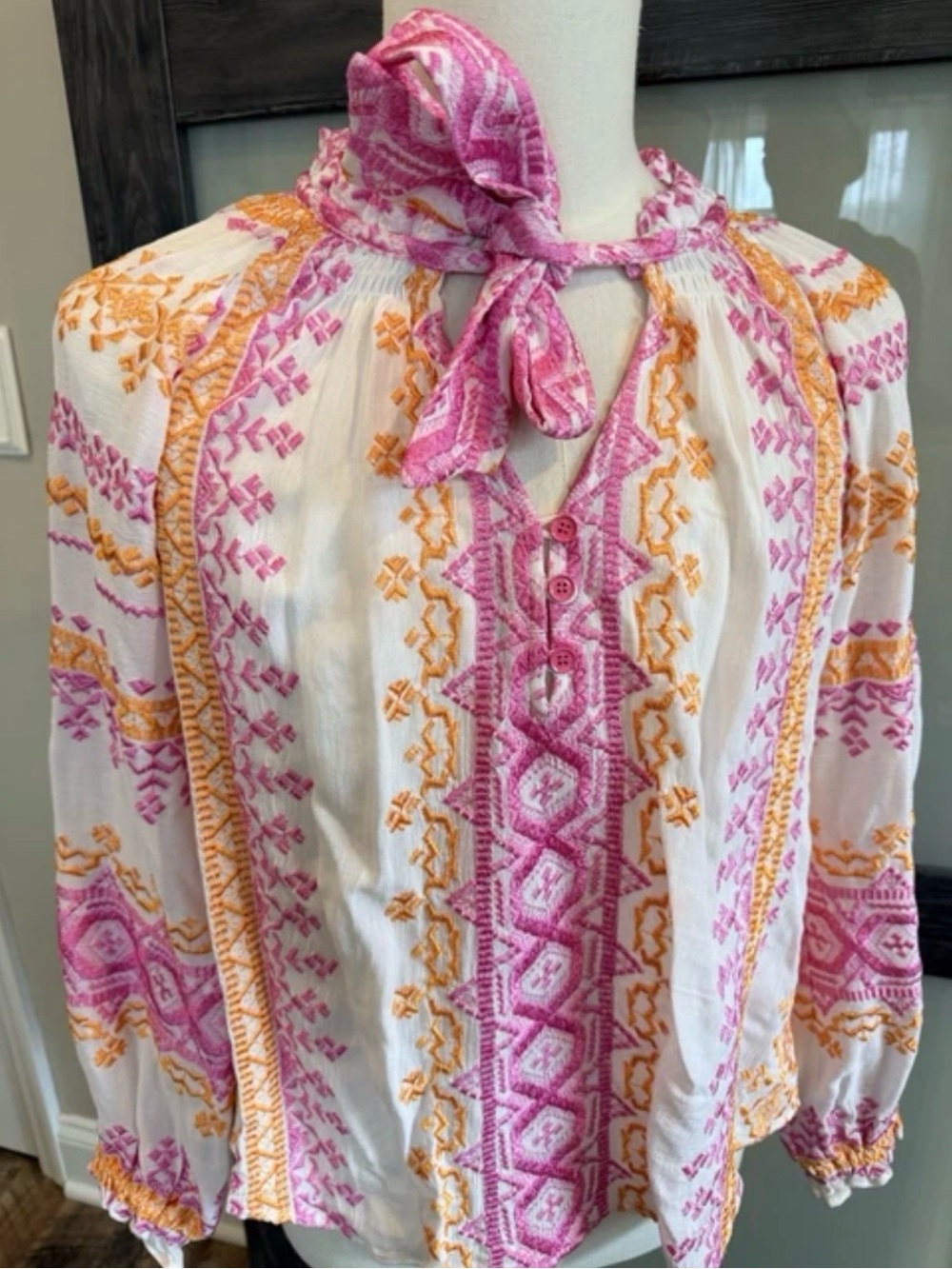 Hale Bob Womens Bohemian Geometric Viscose Button Long Sleeve Blouse Size Small